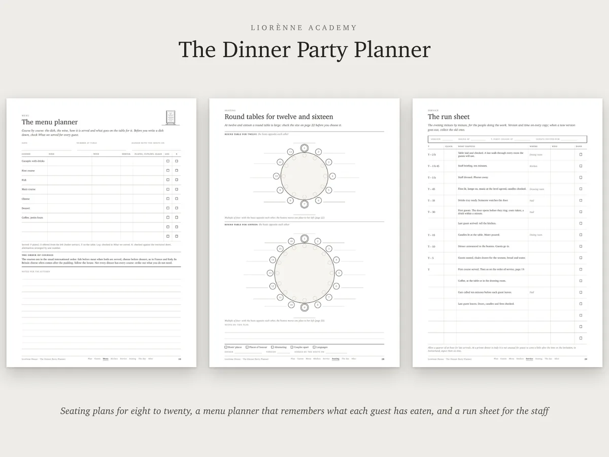 The menu planner, round tables for 12 and 16, and the run sheet