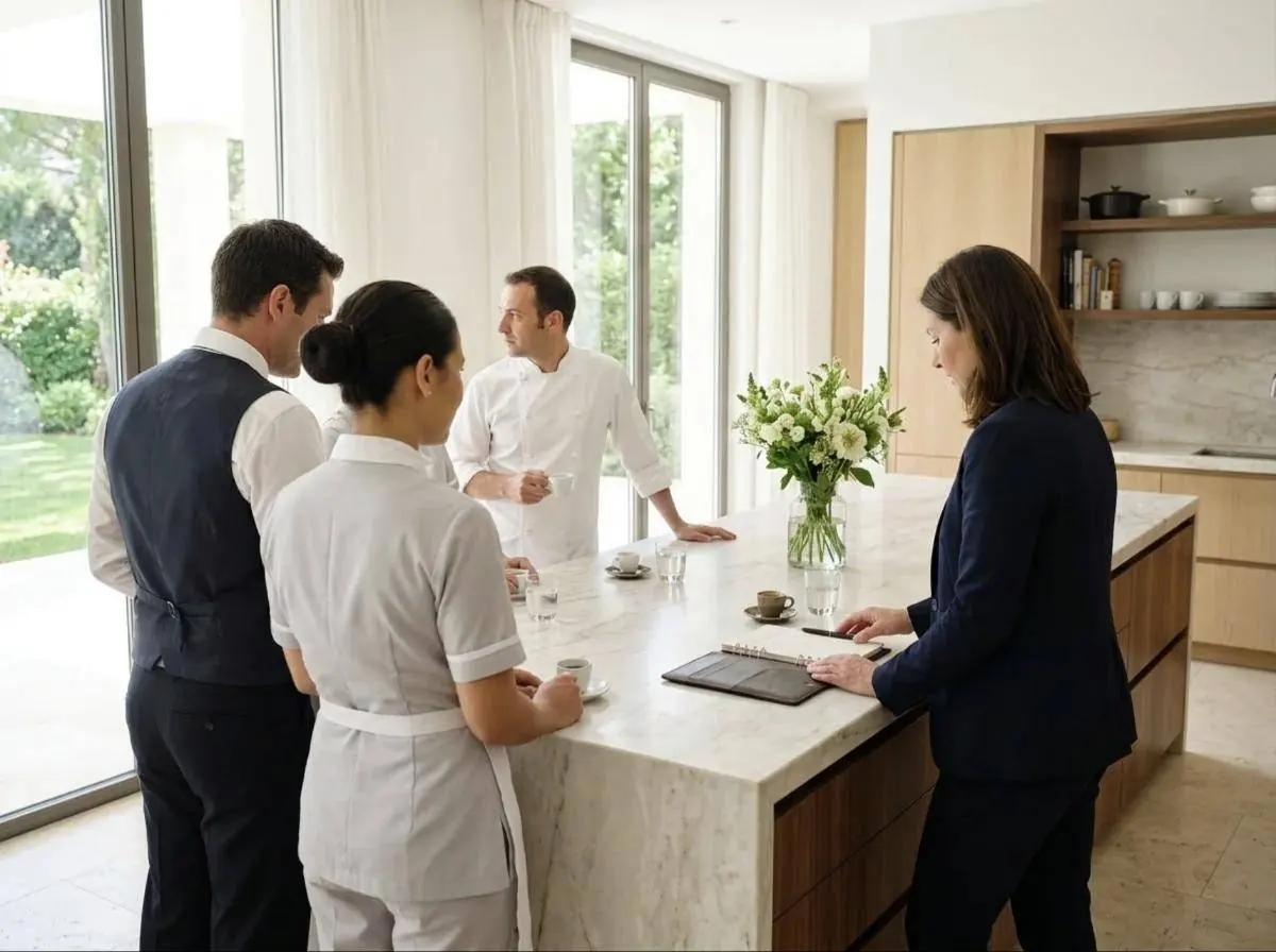 A house manager briefs the staff at a kitchen island, a thick binder open in front of them