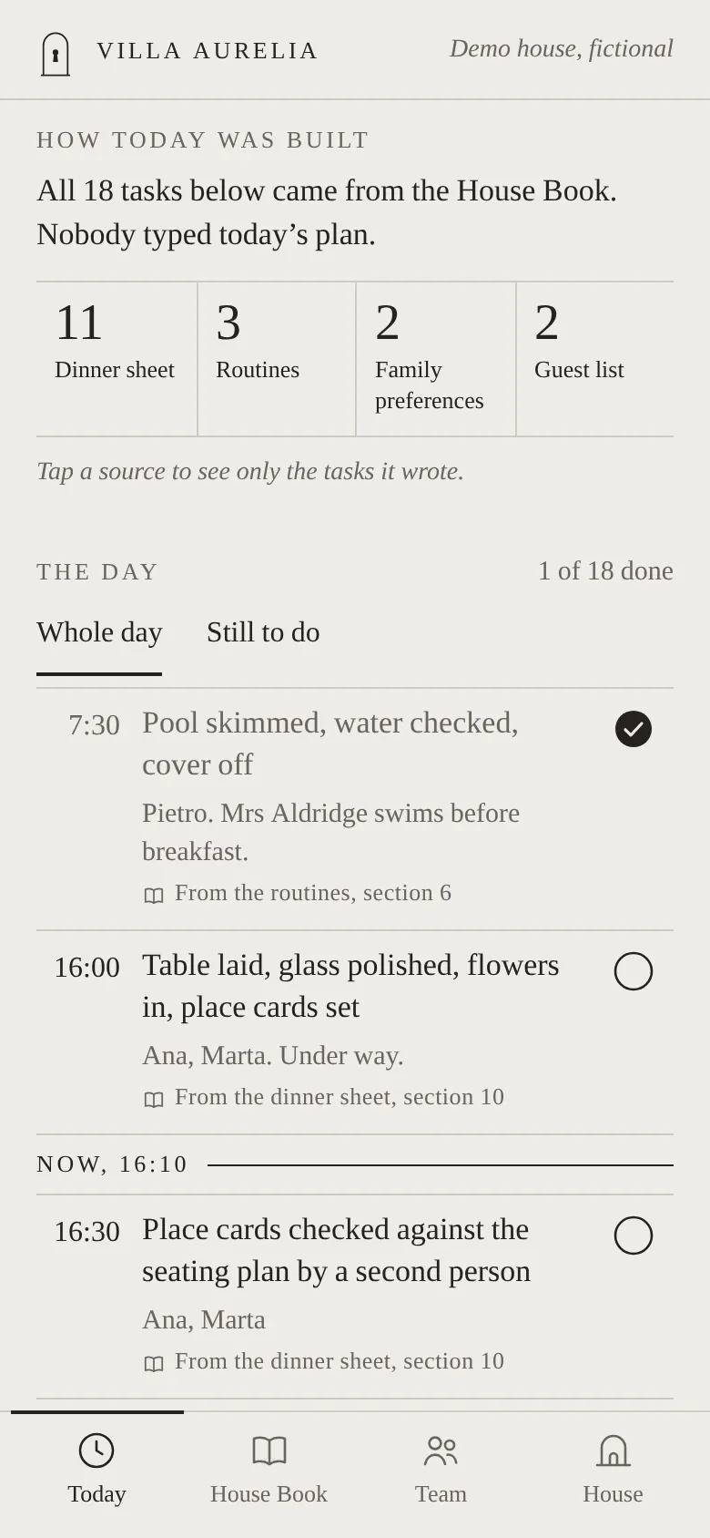 Prototype phone screen, Today: the tasks for a dinner for twelve, each with a time, a name and its source in the House Book
