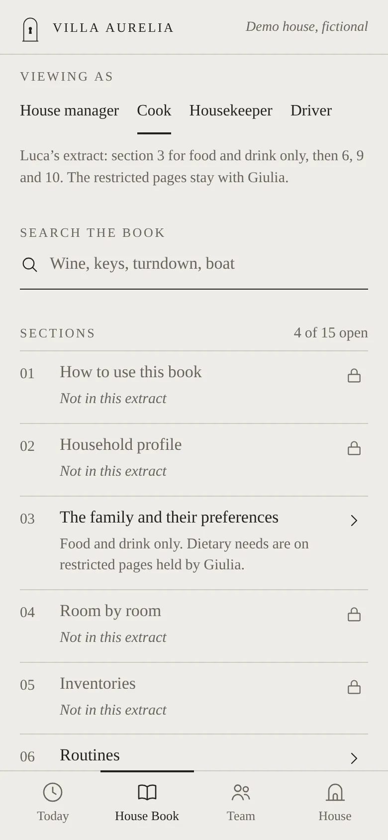 Digital house manual on the cook's phone: the 4 of the 15 House Book sections the cook can open