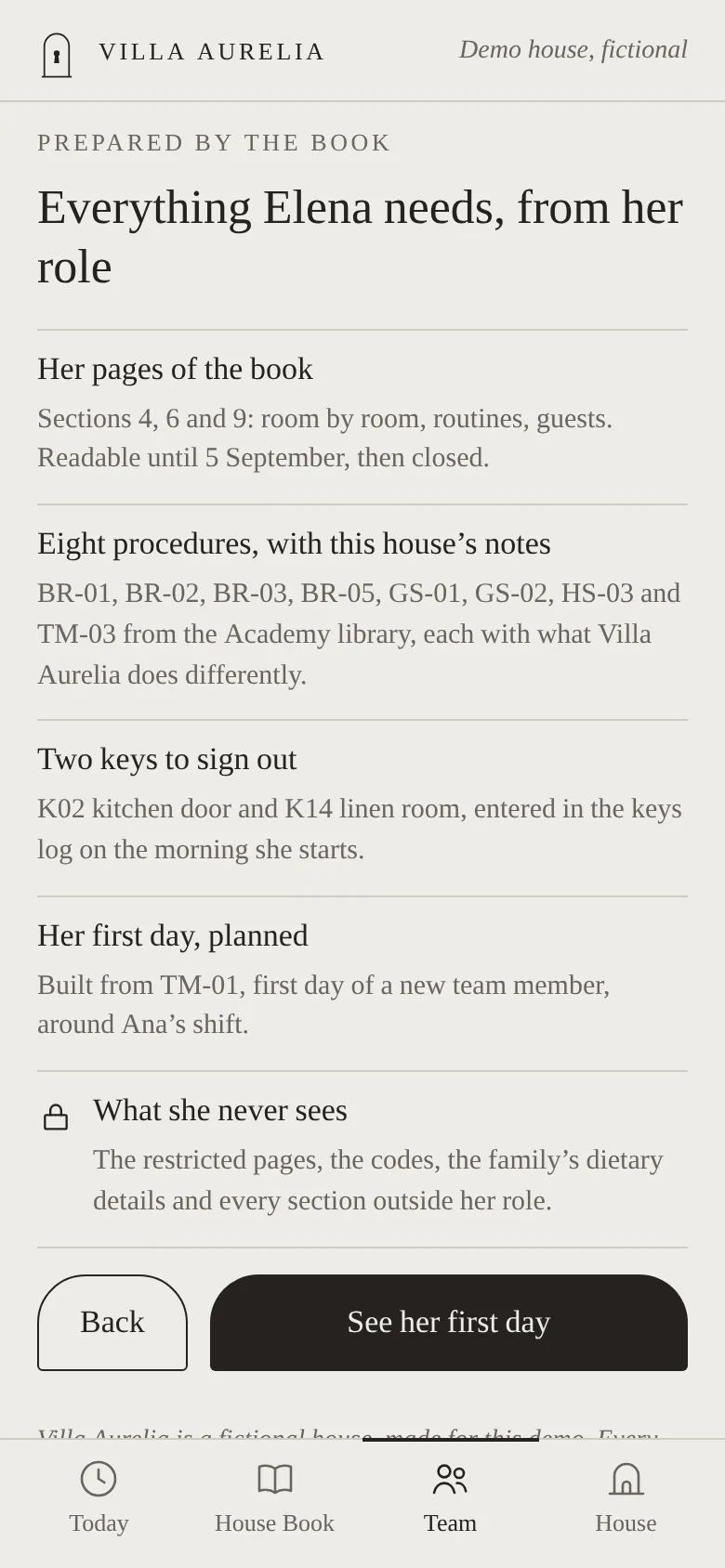 Two phone screens: a seasonal housekeeper's first day, with her procedures and keys, and her last evening, when access closes
