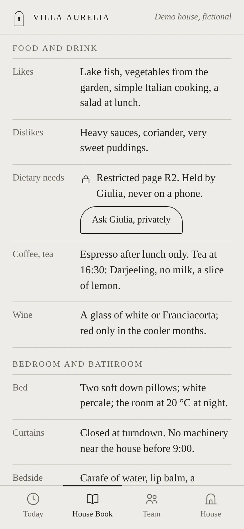 The family's preferences on a phone: food and drink open, the private pages restricted to the house manager