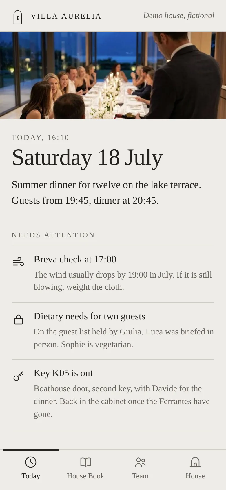 Prototype phone screen, Today: the tasks for a dinner for twelve, each with a time, a name and its source in the House Book