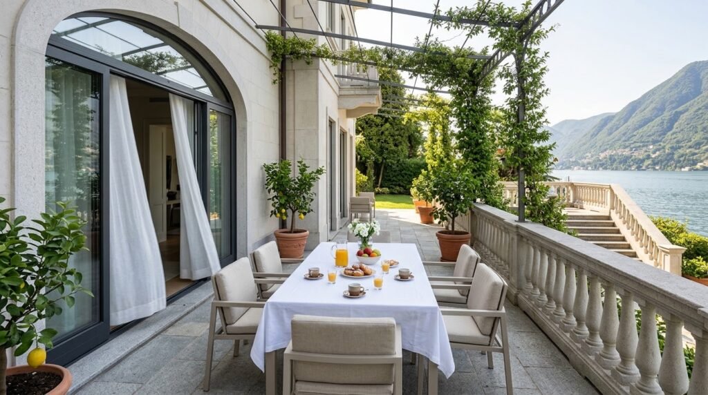 A breakfast table laid with white linen, fruit and orange juice on a sunny villa terrace overlooking the lake, beside an open arched doorway.