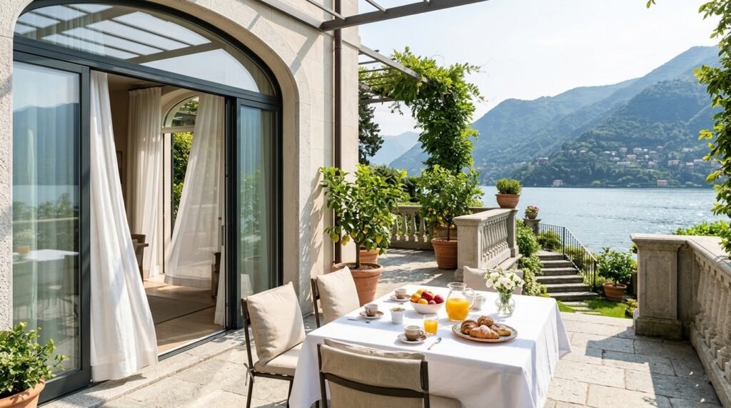 A breakfast table laid with white linen, espresso cups, fresh fruit, orange juice and white flowers on a sunny villa terrace above the lake.