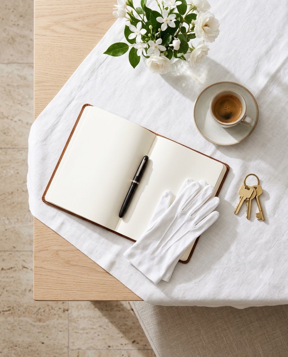 A leather notebook open on a blank page with a fountain pen, white cotton gloves, brass keys, a cup of coffee and white flowers on pressed white linen.