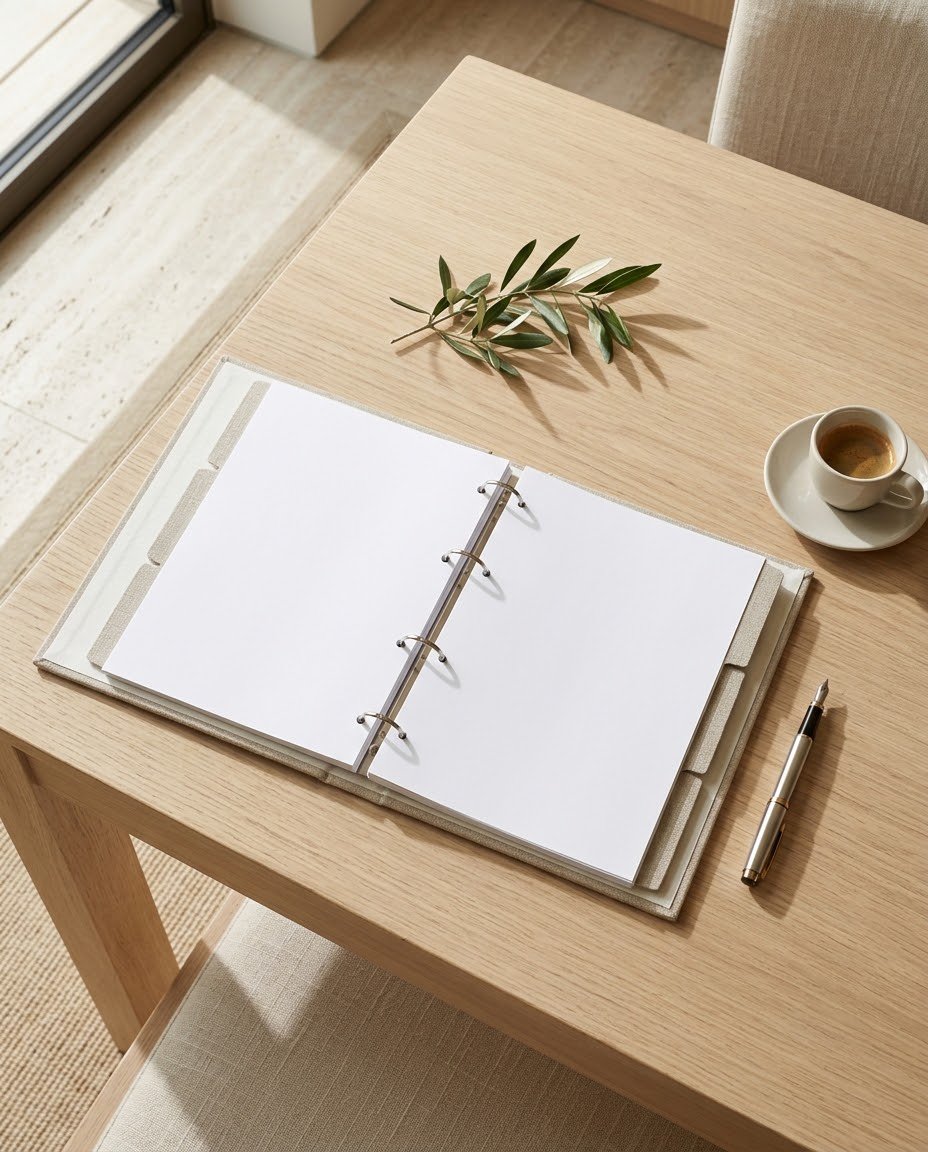 An open ring binder with blank pages and linen tab dividers, a fountain pen, a cup of coffee and a sprig of olive leaves on a pale oak table.