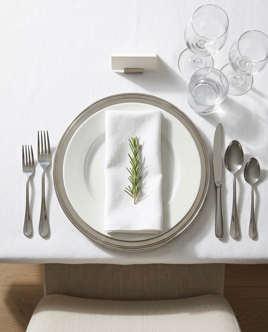 A formal place setting seen from above on white linen: charger and dinner plate, aligned silver cutlery, three crystal glasses and a linen napkin with rosemary.
