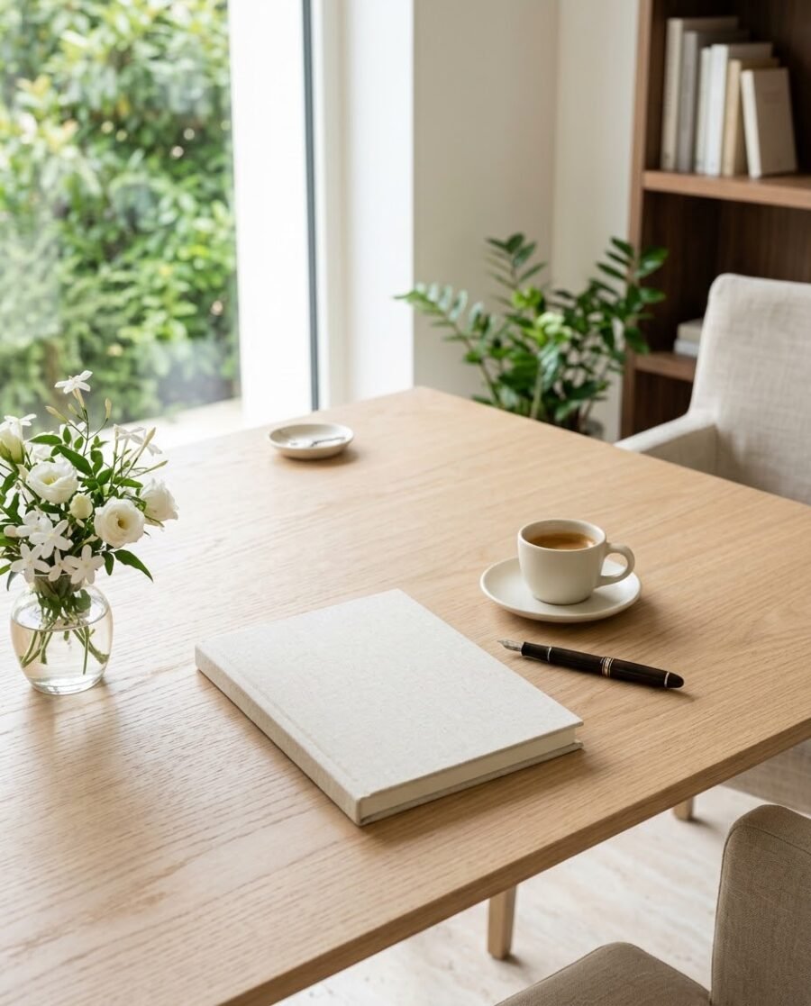 Il House Book su una scrivania di rovere chiaro, con un espresso e una stilografica