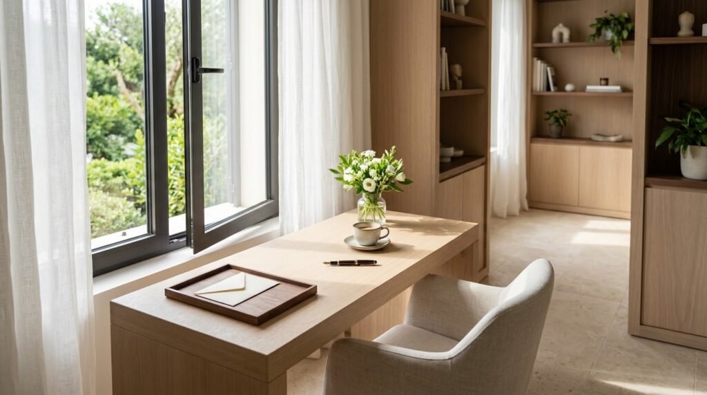 A pale oak desk by an open window, with a cream envelope on a small tray, a fountain pen, white flowers and a cup of coffee.