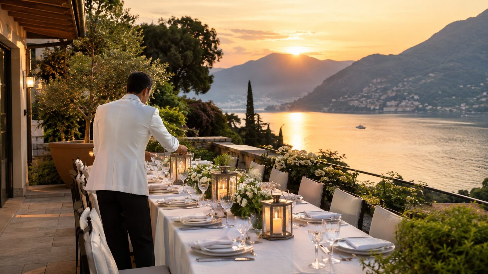 Un mayordomo enciende los faroles de una mesa en la terraza sobre el lago de Como al atardecer