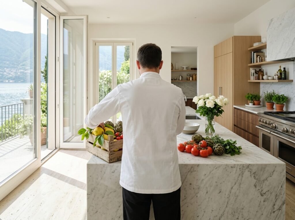 A chef unpacks the morning's lemons, artichokes and herbs in a bright villa kitchen