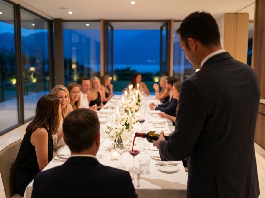 Un maggiordomo serve il vino a una cena a lume di candela per dodici