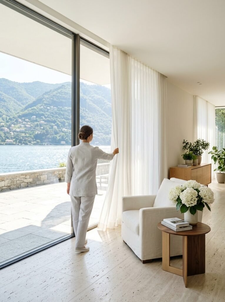 A housekeeper draws back sheer curtains in a sunlit room above the lake