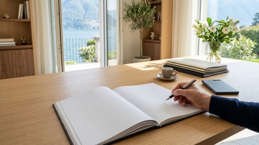 A hand in a navy sleeve writes in an open ledger on a wooden desk beside a coffee and a stack of folders.
