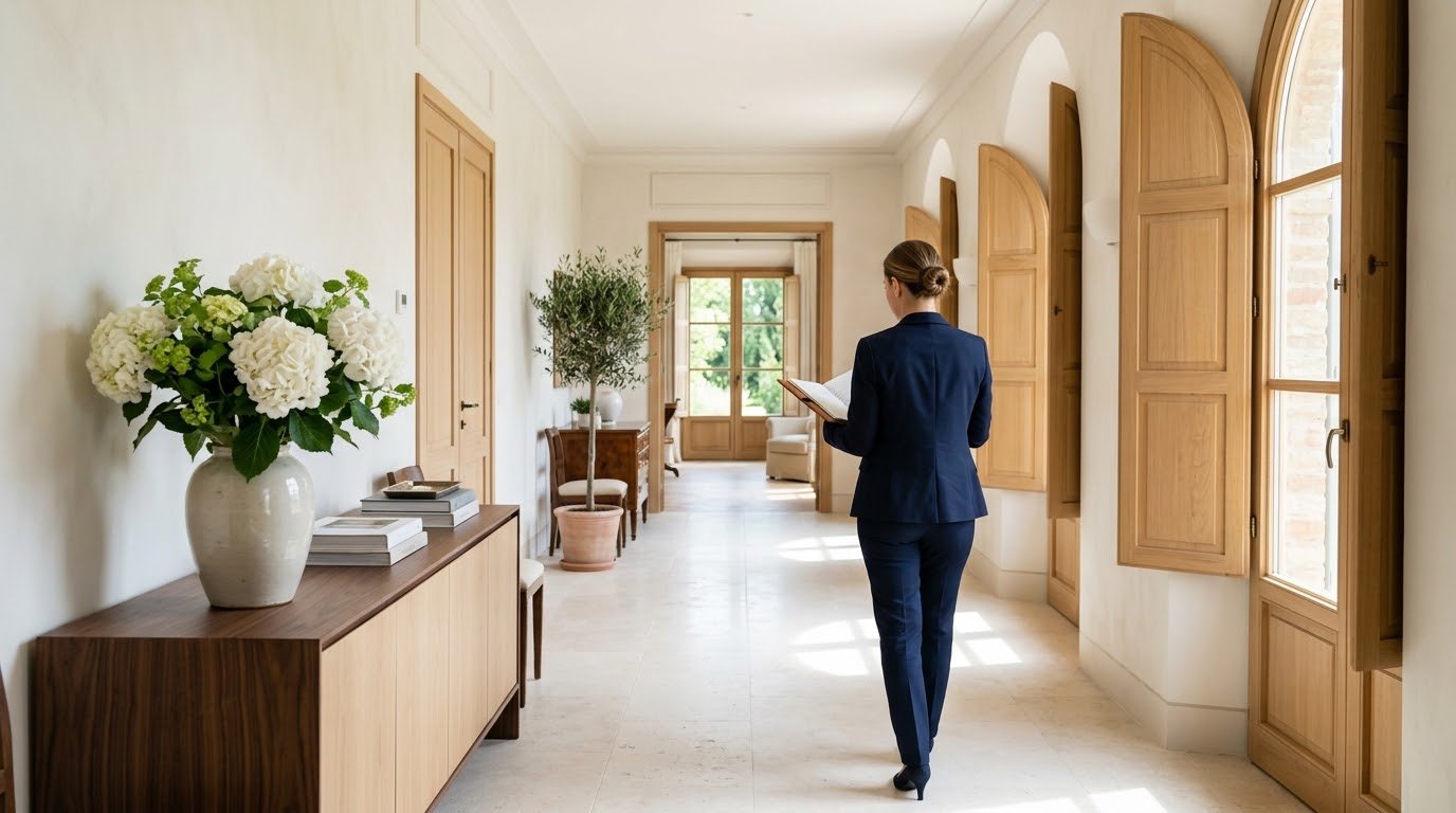 Uma house manager de terninho azul-marinho, de costas, consulta um caderno de couro enquanto percorre o corredor ensolarado de uma villa, com hortênsias sobre um aparador.