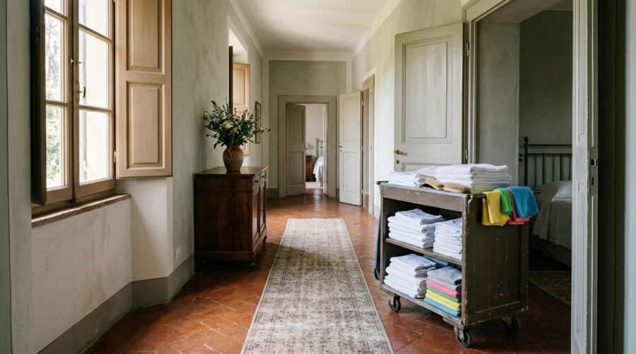 A housekeeping trolley with folded linen and soft brushes by an open bedroom door in a sunlit villa corridor with a terracotta floor