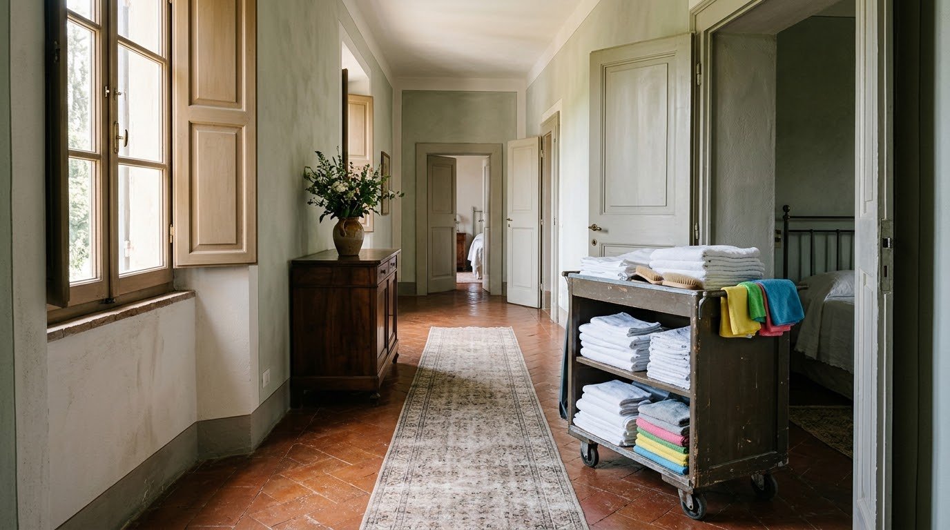 A housekeeping trolley with folded linen and soft brushes by an open bedroom door in a sunlit villa corridor with a terracotta floor