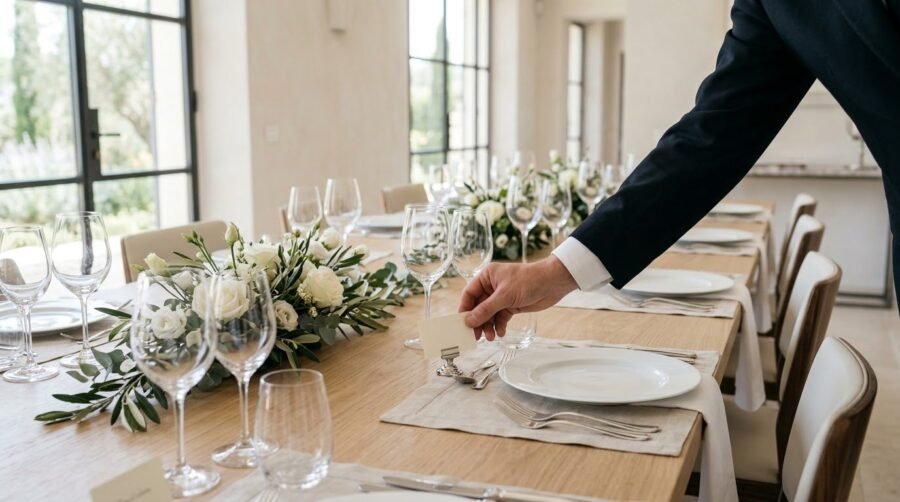 Hands setting a blank place card in a silver holder on a dinner table laid for a formal evening