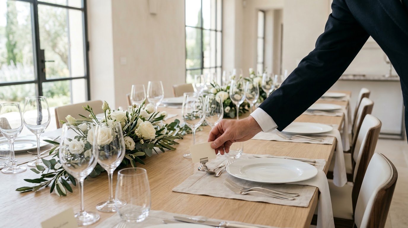 Hands setting a blank place card in a silver holder on a dinner table laid for a formal evening