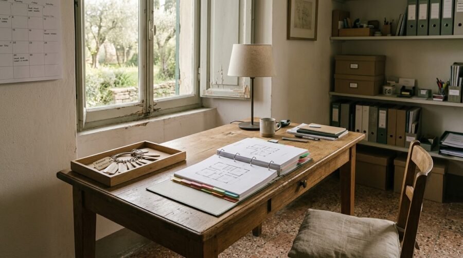 A ring-bound house manual open on an oak desk in a villa's staff office, with tabbed sections, floor plans and a tray of labelled keys