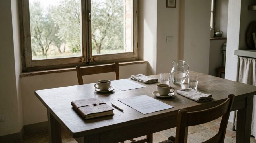 A kitchen table in a villa laid for an interview, with two coffees, a notebook, a pen and a job description, in soft morning light