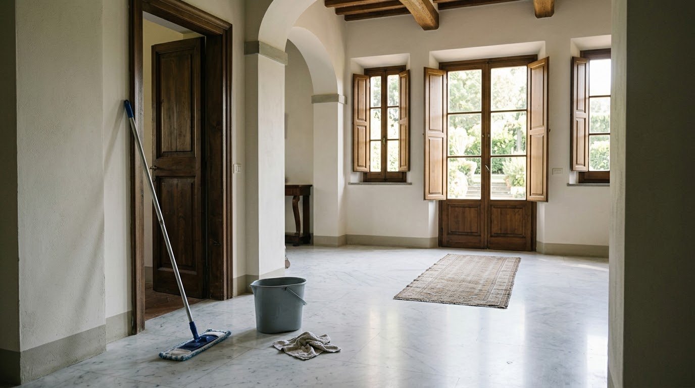 A polished white marble floor in a villa entrance hall in morning light, with a mop and cloth by the garden door