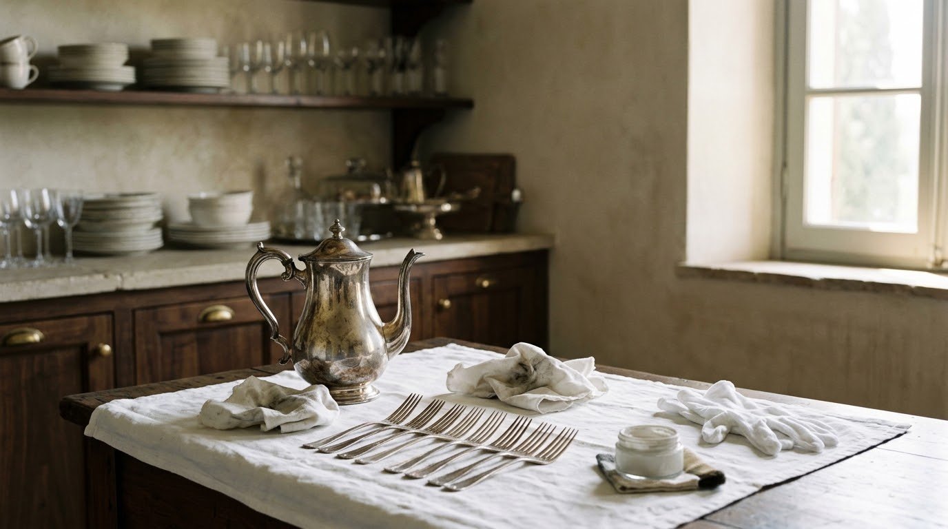 Antique silver being polished on a pantry counter, with cotton gloves and soft cloths in morning light
