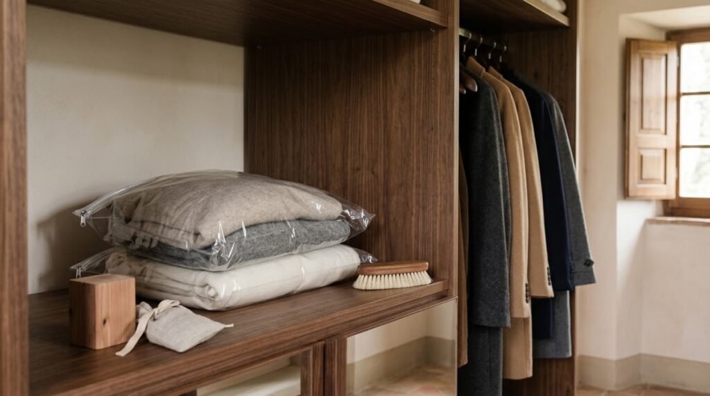 Folded cashmere jumpers in sealed storage bags on a walnut wardrobe shelf, wool coats on wooden hangers and a clothes brush in soft daylight