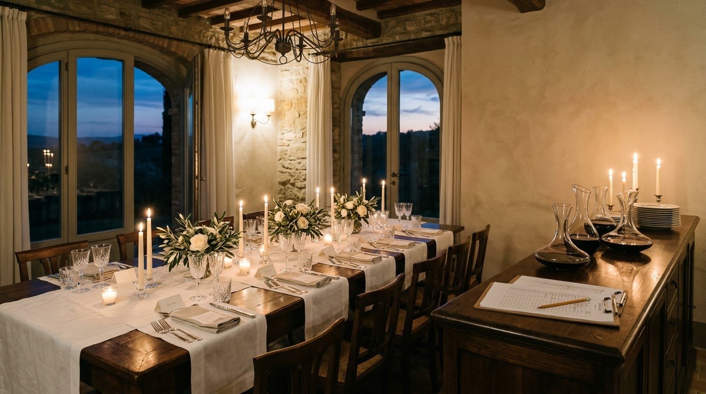 A dining room at dusk with the table laid for twelve and candles just lit, a run sheet on the sideboard