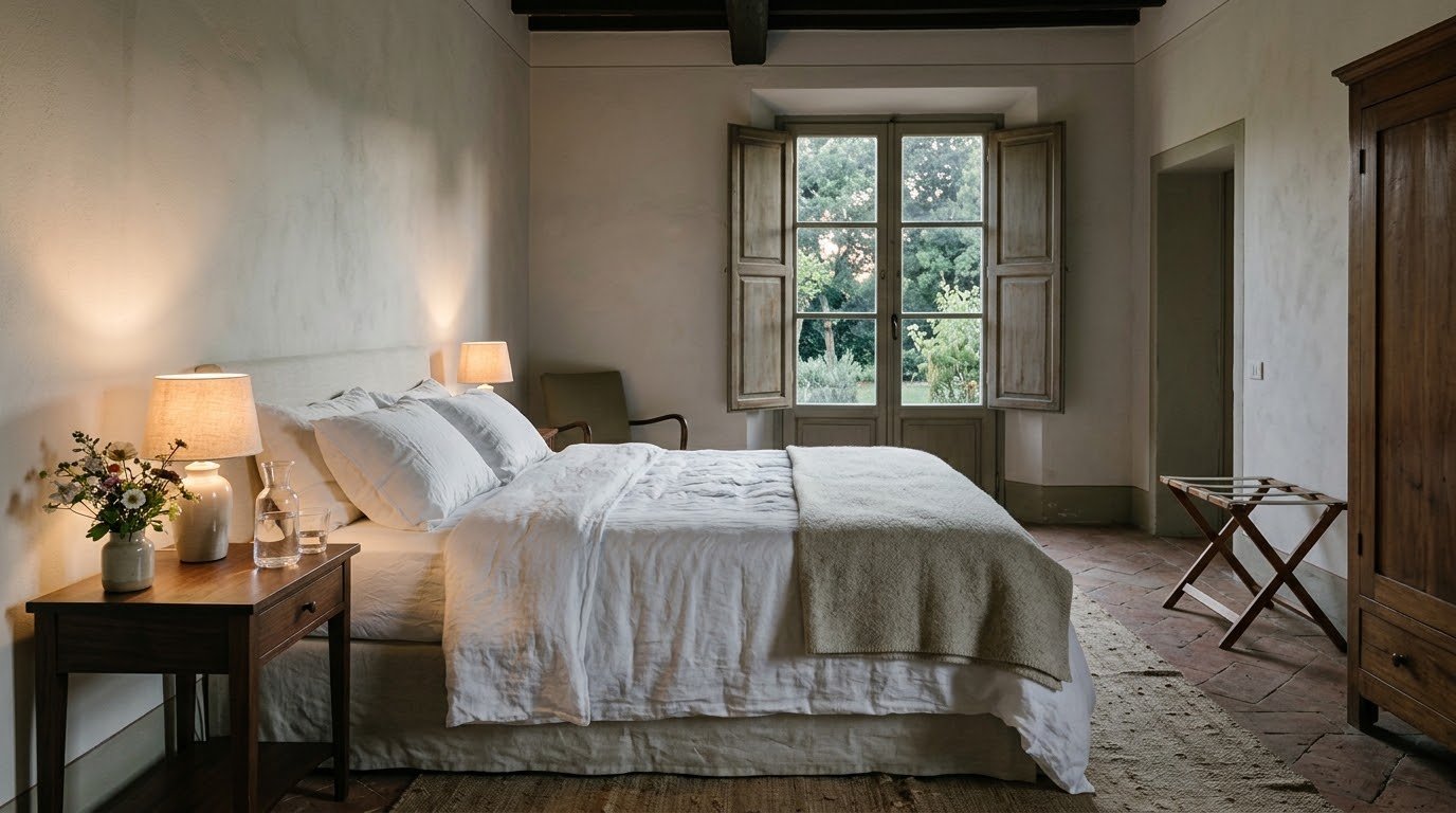 A guest bedroom in a villa ready for an arrival, with a freshly made bed, lamps lit on both sides, a carafe of water and a luggage rack by the wardrobe