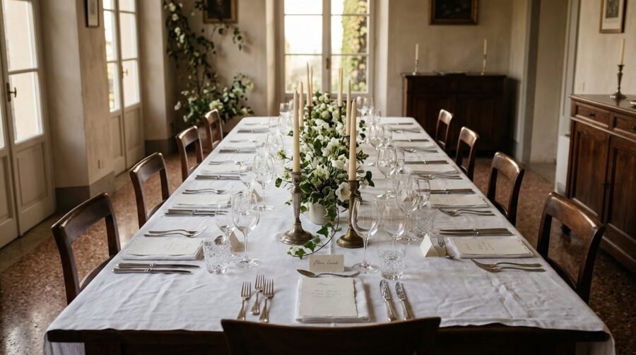 A long table laid for a formal dinner for twelve, silver and glasses in straight lines in late-afternoon light