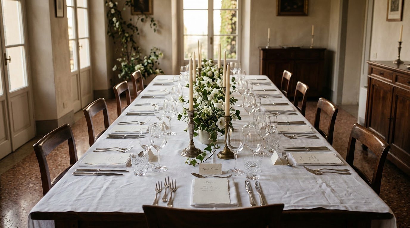 A long table laid for a formal dinner for twelve, silver and glasses in straight lines in late-afternoon light