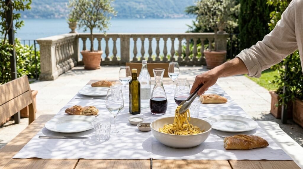 Hands twirling spaghetti with a fork at a terrace lunch, with torn bread, a stemmed wine glass and a bowl of grated parmigiano