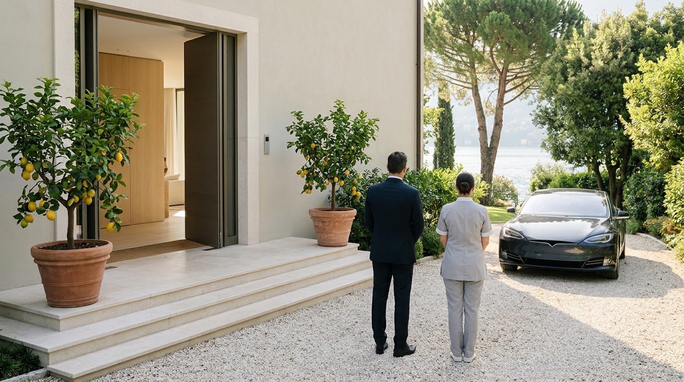 A man seen from behind at an open villa door as a car pulls up, with glasses of water ready on a console
