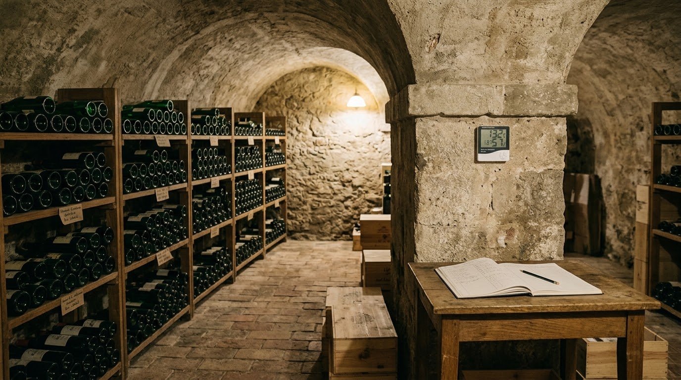 A vaulted stone wine cellar with bottles lying in wooden racks, a thermometer-hygrometer on the wall and an open cellar book on a small oak table
