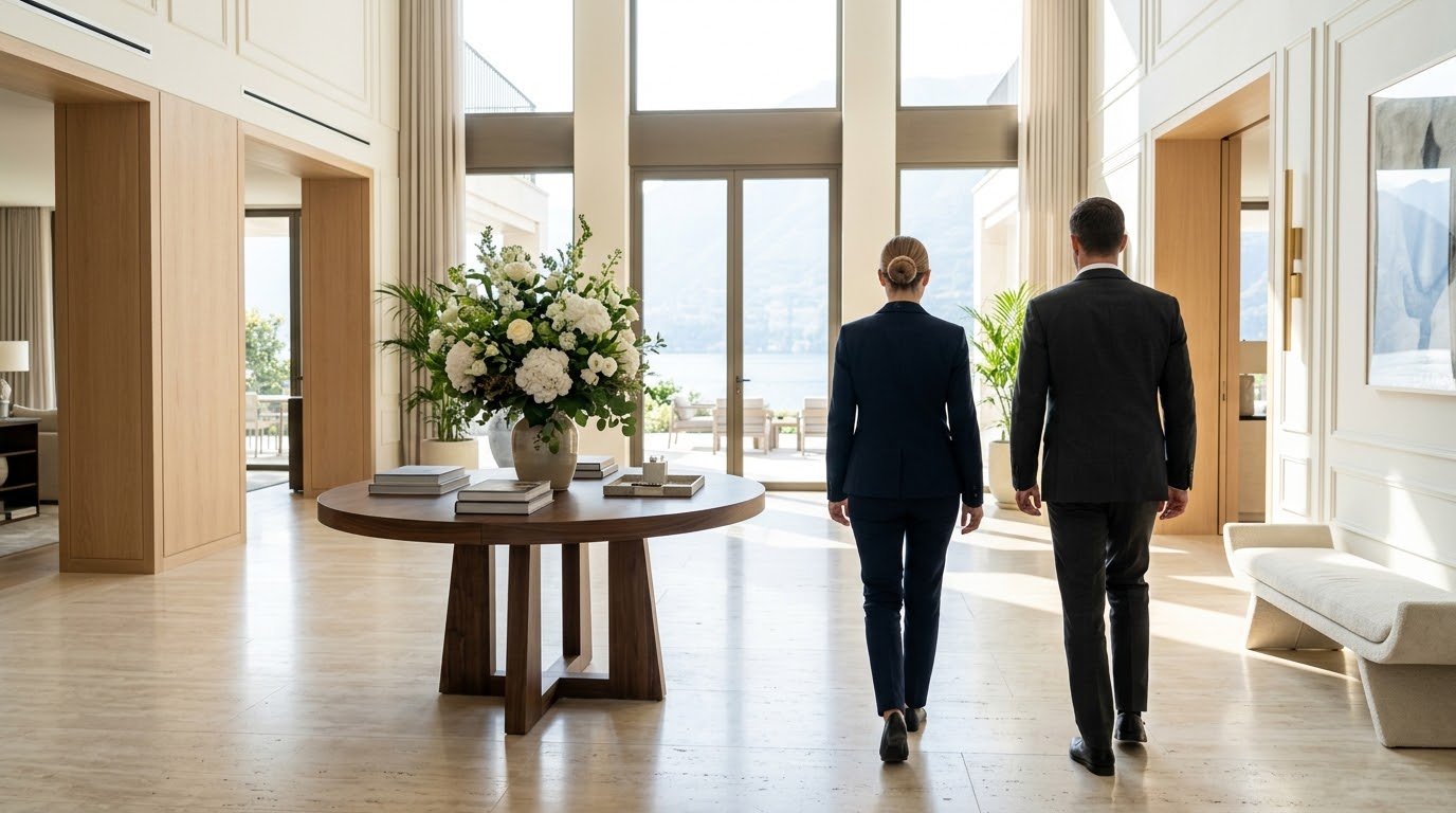 Um house manager e um mordomo de uniforme escuro, de costas, atravessam o hall iluminado de uma villa ao lado de uma mesa com flores brancas.