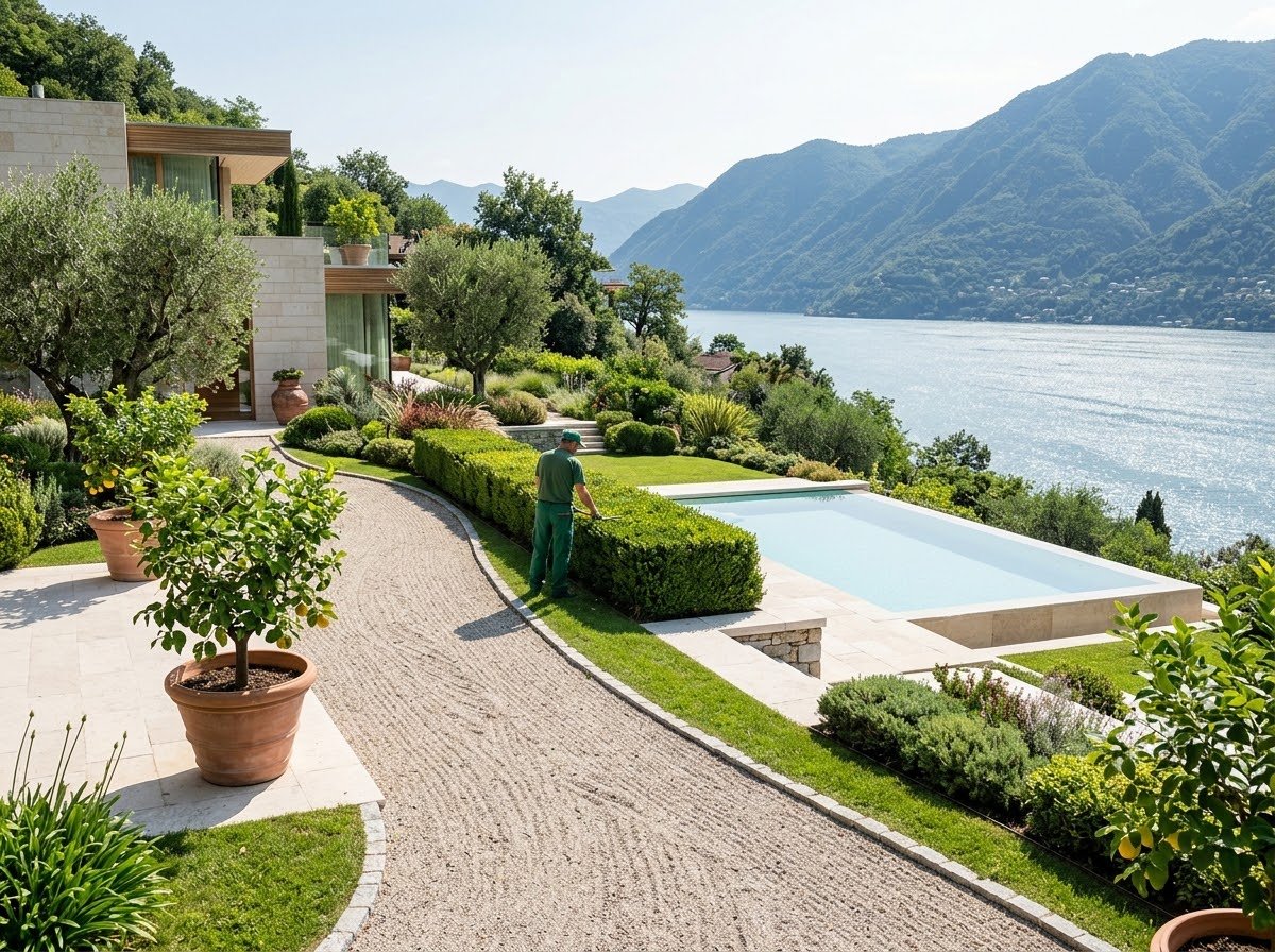 Un jardín cuidado sobre el lago, con camino de grava, limoneros en maceta y piscina