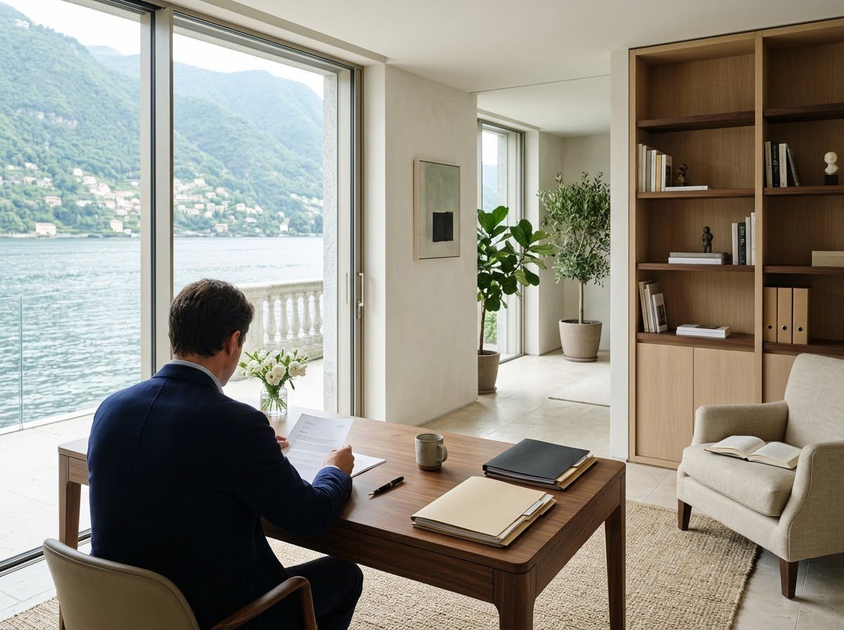 Una persona con chaqueta azul marino, de espaldas, revisa documentos en un escritorio de nogal en el despacho de una villa, con estanterías y altas puertas de cristal hacia el lago de Como.